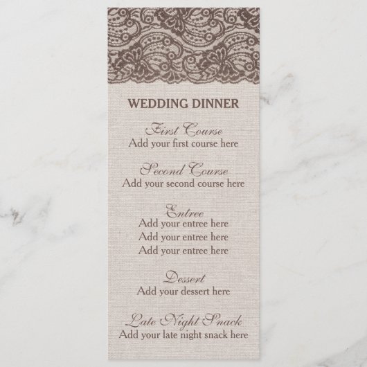 Menu Rustique dîner Mariage Burlap dentelle (Devant)
