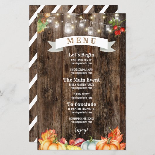 Menu Rustique du dîner Thanksgiving (Devant / Derrière)