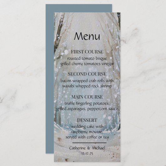Menu Rustique Dusty Blue Winter Forest Mariage d'aquare (Devant / Derrière)