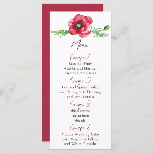 Menu Rustique Elegant Aquarelle Script Red Poppy Mariag (Devant / Derrière)