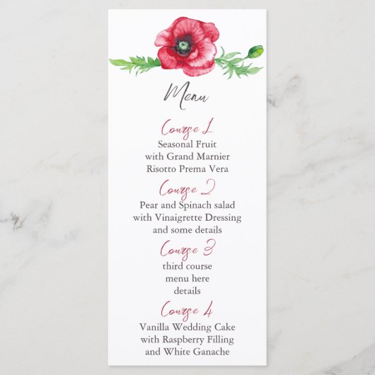Menu Rustique Elegant Aquarelle Script Red Poppy Mariag (Devant)