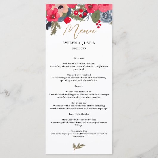 Menu Rustique Elégant hiver Floral Mariage (Dos)