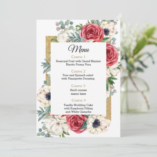 Menu Rustique Elegant Rouge et or Floral Blanc Mariage (Debout devant)