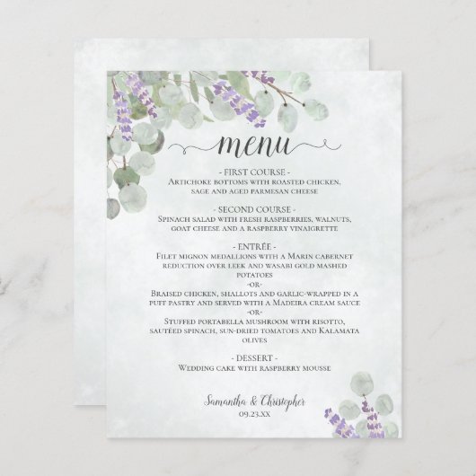 Menu Rustique Eucalyptus & Lavender Budget Mariage (Devant / Derrière)
