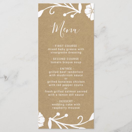 Menu Rustique Floral Botanique Wreath Faux Kraft Mariag (Devant)
