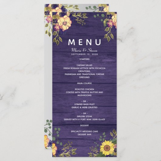 Menu Rustique Floral Violet Mariage (Devant / Derrière)