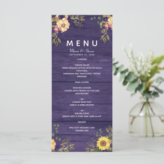 Menu Rustique Floral Violet Mariage (Debout devant)