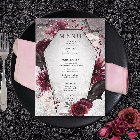 Menu Rustique gothique Noir & Bourgogne Mariage d'Hallo