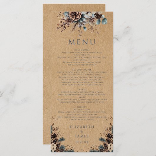 Menu Rustique Kraft Forest Floral Pinecones Mariage (Devant / Derrière)