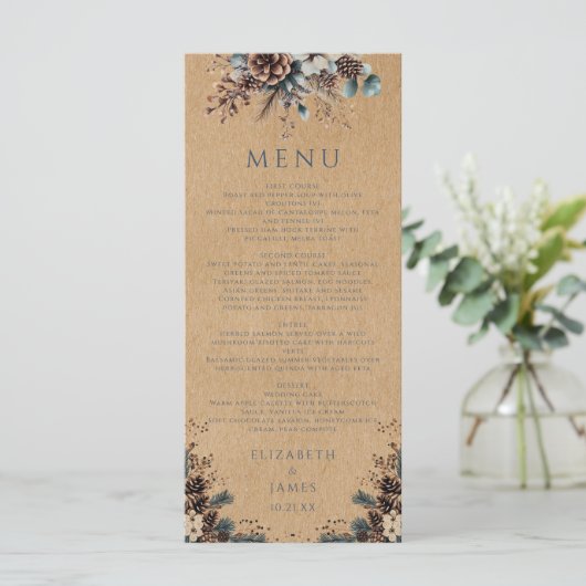 Menu Rustique Kraft Forest Floral Pinecones Mariage (Debout devant)