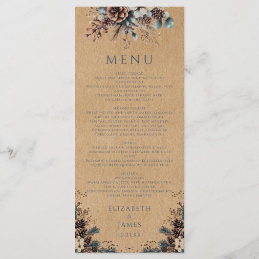 Menu Rustique Kraft Forest Floral Pinecones Mariage (Devant)