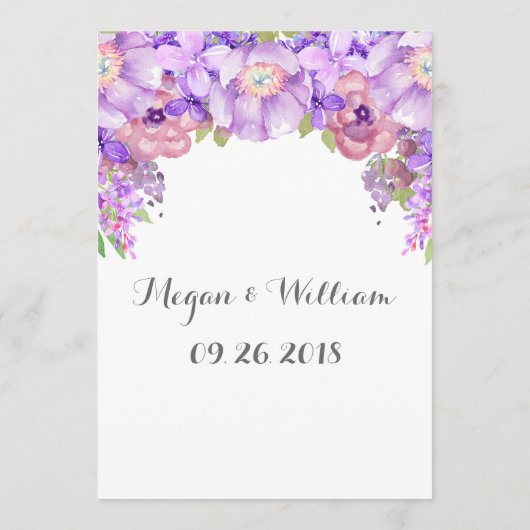 Menu Rustique Lilac Purple Aquarelle Florale Mariage Me (Dos)