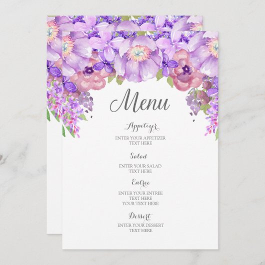 Menu Rustique Lilac Purple Aquarelle Florale Mariage Me (Devant / Derrière)