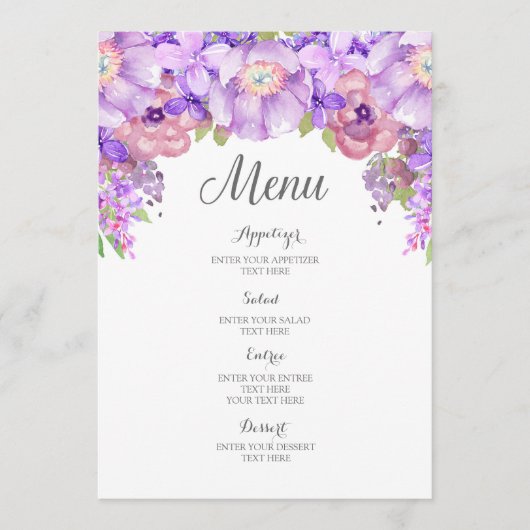 Menu Rustique Lilac Purple Aquarelle Florale Mariage Me (Devant)