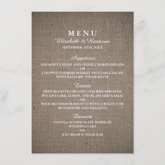 Menu Rustique Mariage Burlap (Devant)