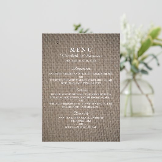 Menu Rustique Mariage Burlap (Debout devant)