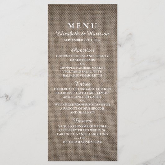 Menu Rustique Mariage Burlap (Devant)