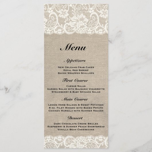 Menu Rustique Mariage Burlap & Dentelle (Devant)