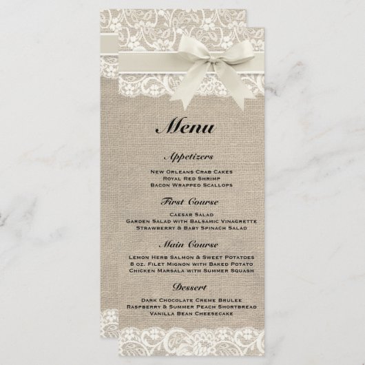 Menu Rustique Mariage Burlap & Lace Ivory (Devant / Derrière)
