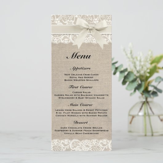 Menu Rustique Mariage Burlap & Lace Ivory (Debout devant)