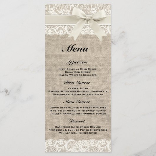 Menu Rustique Mariage Burlap & Lace Ivory (Devant)