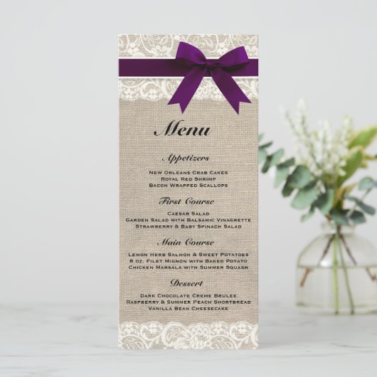 Menu Rustique Mariage Burlap & Lace Plum (Debout devant)