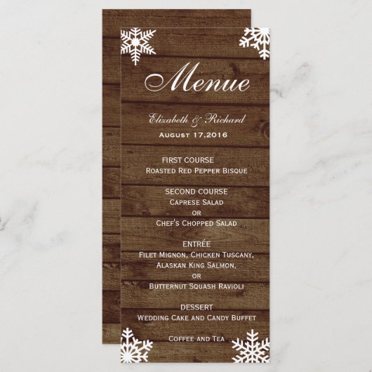 Menu Rustique Mariage d'hiver Grange Bois Snowflakes Me (Devant / Derrière)