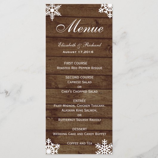 Menu Rustique Mariage d'hiver Grange Bois Snowflakes Me (Devant)