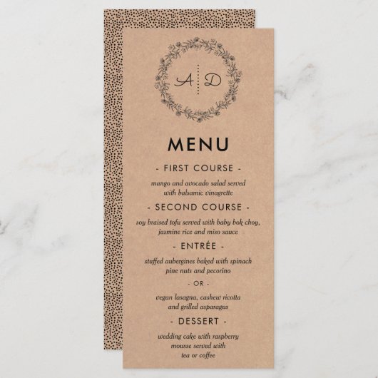 Menu Rustique Mariage Kraft Floral Wreath (Devant / Derrière)