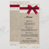Menu Rustique Mariage rouge Burlap & dentelle (Devant / Derrière)