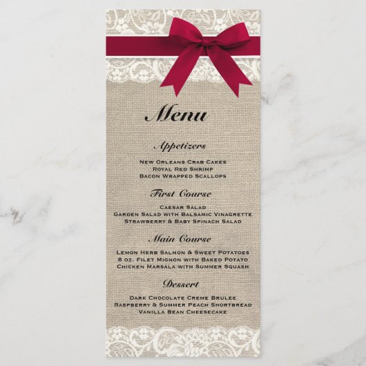 Menu Rustique Mariage rouge Burlap & dentelle (Devant)