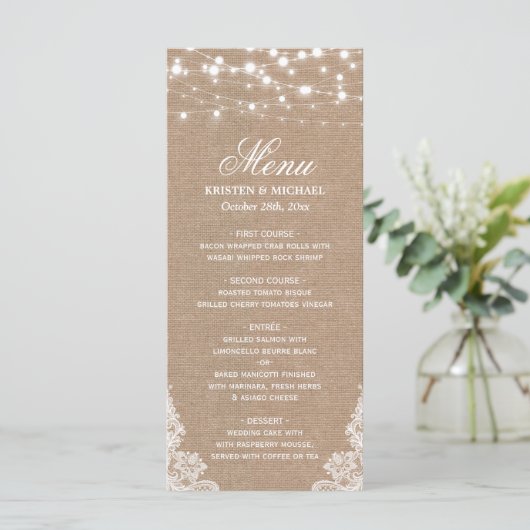 Menu Rustique Mariage Shabby | Dentelle d'éclairag (Debout devant)
