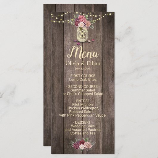 Menu Rustique Mason Jar Floral Mariage en bois (Devant / Derrière)