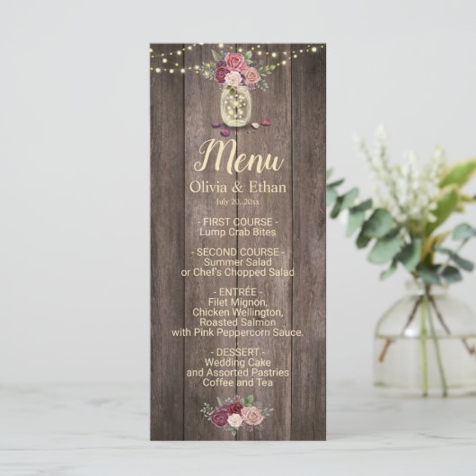 Menu Rustique Mason Jar Floral Mariage en bois (Debout devant)