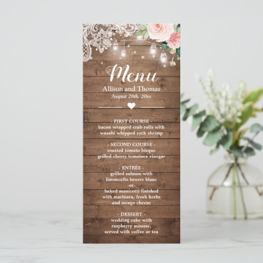 Menu Rustique Mason Jar Lights Blush Floral Lace Mariag (Debout devant)