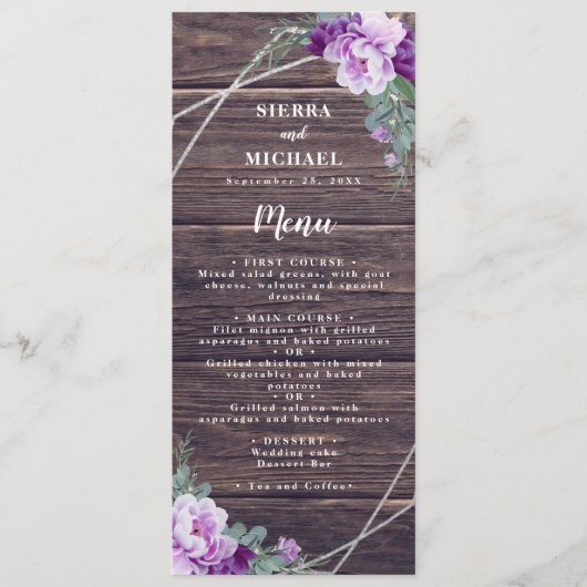 Menu Rustique Purple & Argent Floral Mariage Réception  (Devant)