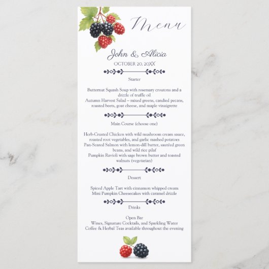 Menu Rustique romantique Automne Jardin Berry Mariage (Devant)