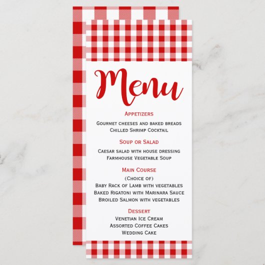 Menu Rustique Rouge Blanc En vichy Chèque Mariage, (Devant / Derrière)
