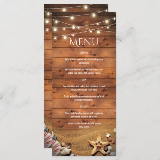 Menu Rustique Starfish Beach Lights Tropical Mariage Me (Devant / Derrière)