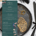 Menu Rustique Turquoise Vert Floral Peacock Bird Mariag<br><div class="desc">Ce menu mariage moderne et rustique présente des illustrations de style "Chinoiserie" dessinées à la main d'un paon bleu et turquoise entouré de verdure Magnolia, avec des fleurs de magnolia rose vif et crème vibrante, le tout contre un élégant arrière - plan vert turquoise foncé. Le dos est orné d'un...</div>