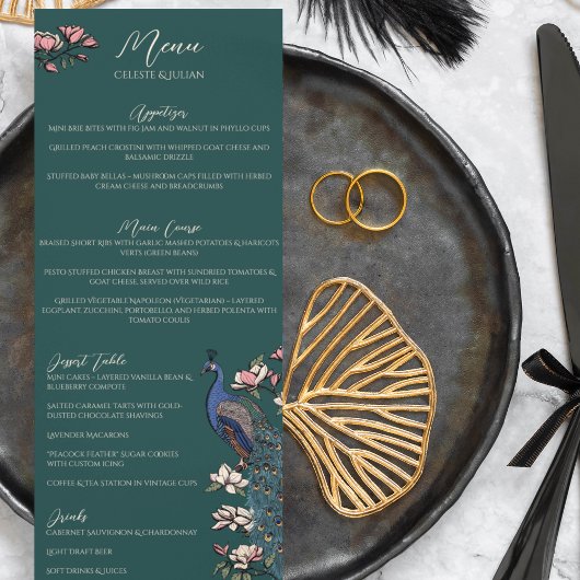 Menu Rustique Turquoise Vert Floral Peacock Bird Mariag