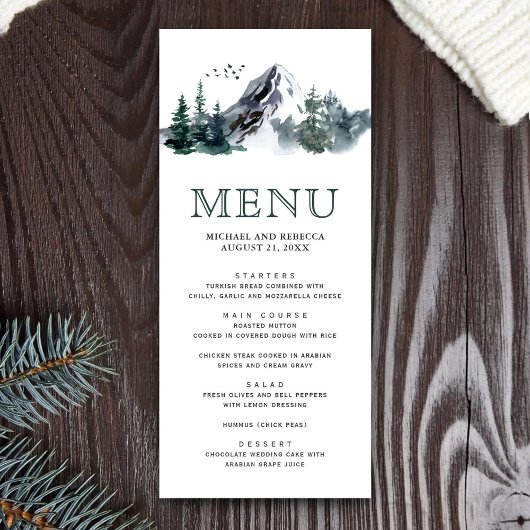 Menu Rustique Watercolor Mountain Forest Mariage d'hive