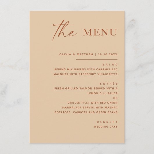 Menu Sable Chaud Pêche Mariage | Moderne Simple Élégant (Devant)