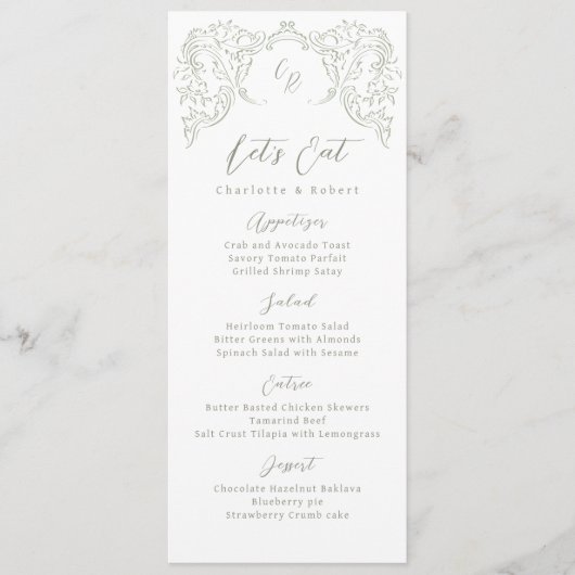 Menu Sage esquissé Vintage Mariage de monogramme (Devant)