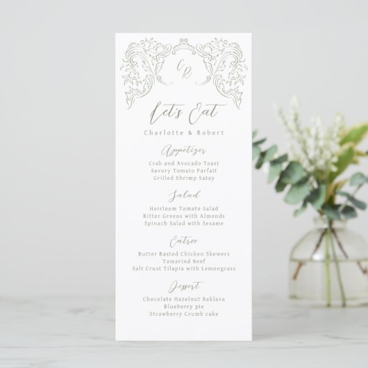 Menu Sage esquissé Vintage Mariage de monogramme (Debout devant)
