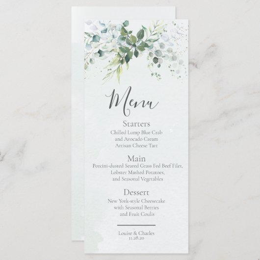Menu Sage Eucalyptus Verdure Simple Chic Mariage (Devant / Derrière)