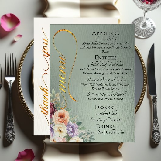 Menu Sage - Fleurs sauvages, monogramme et merci