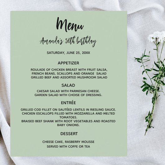 Menu Sage green anniversaire