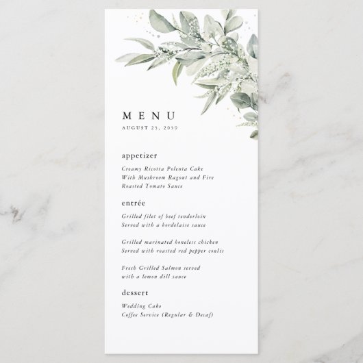 Menu Sage Green Botanical Watercolor Wedding Dinner (Devant)