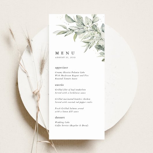 Menu Sage Green Botanical Watercolor Wedding Dinner